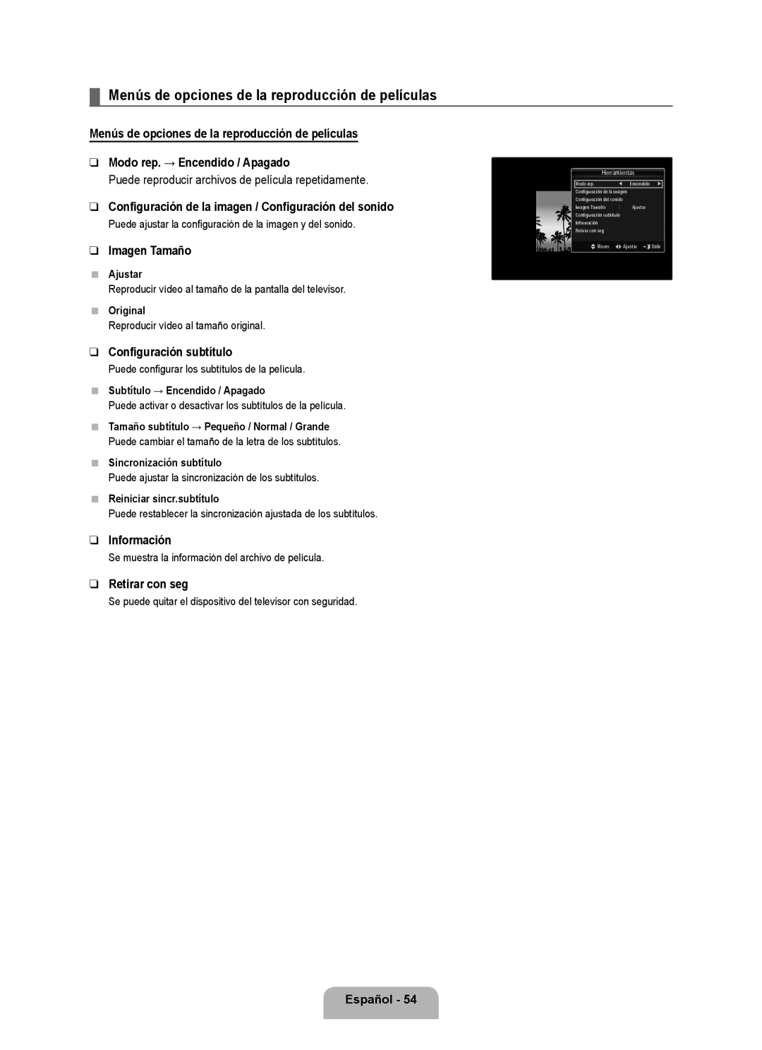 Samsung 71000 user manual Menús de opciones de la reproducción de películas, Imagen Tamaño, Configuración subtítulo 