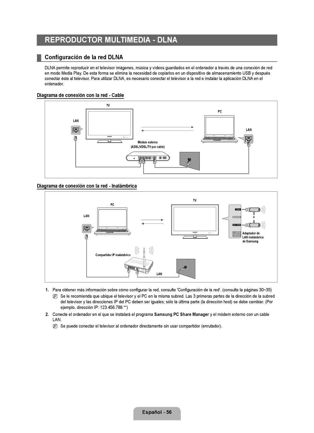 Samsung 71000 user manual Configuración de la red Dlna, Diagrama de conexión con la red Cable 