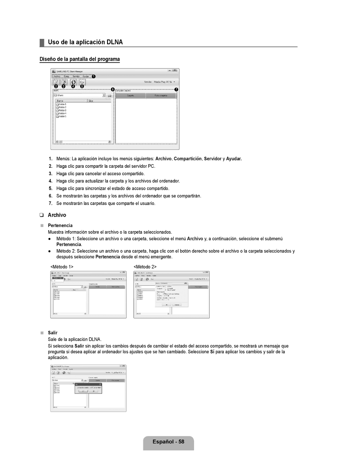 Samsung 71000 user manual Uso de la aplicación Dlna, Diseño de la pantalla del programa, Archivo, Pertenencia, Salir 