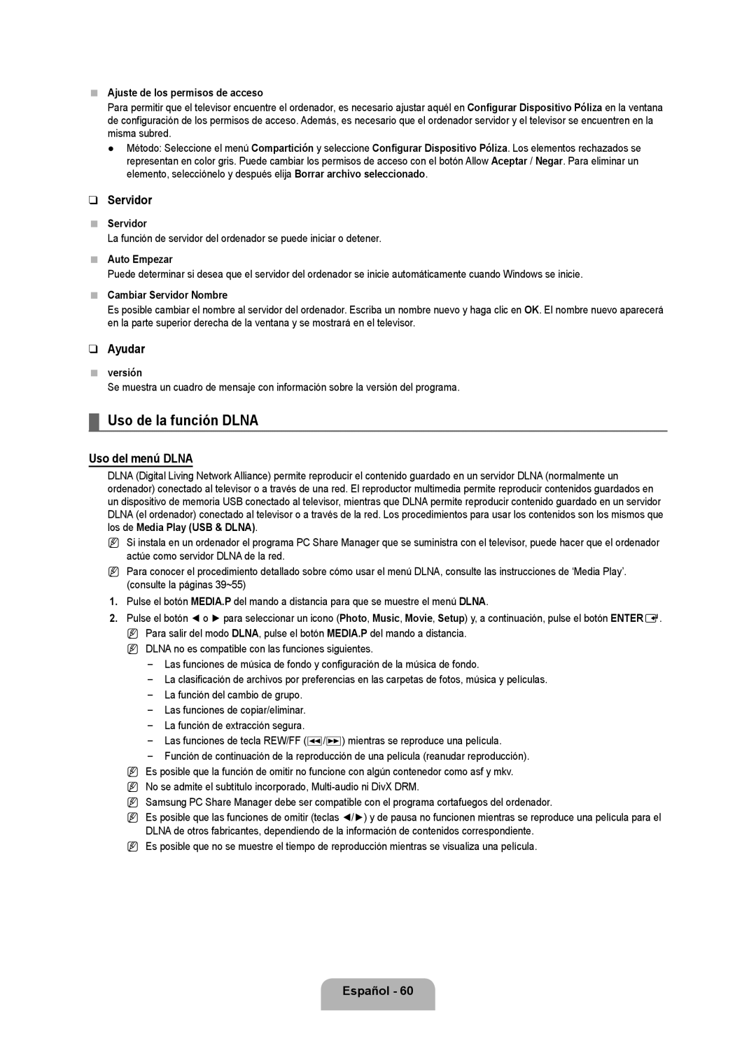 Samsung 71000 user manual Uso de la función Dlna, Servidor, Ayudar, Uso del menú Dlna 