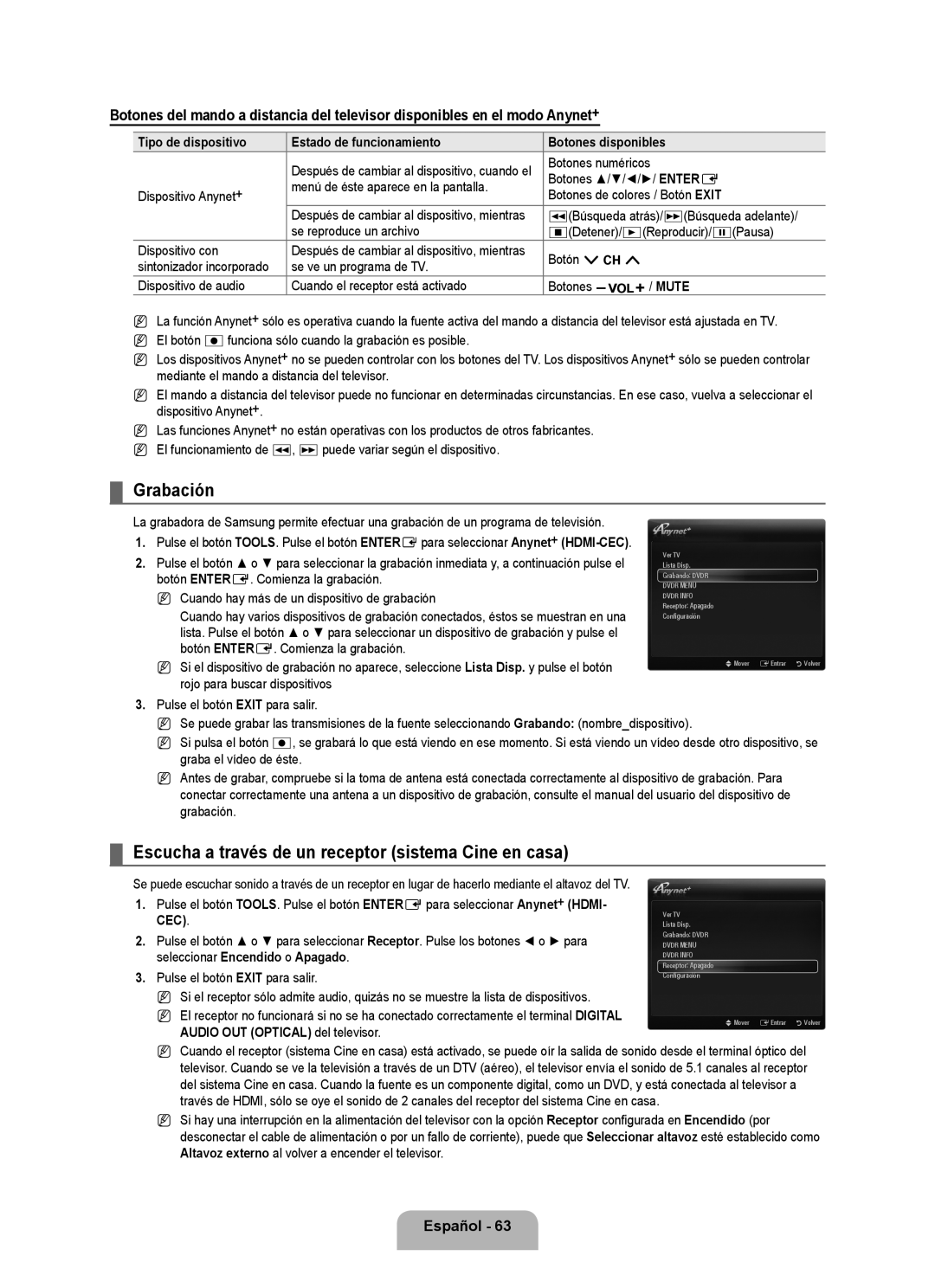 Samsung 71000 user manual Grabación, Escucha a través de un receptor sistema Cine en casa 