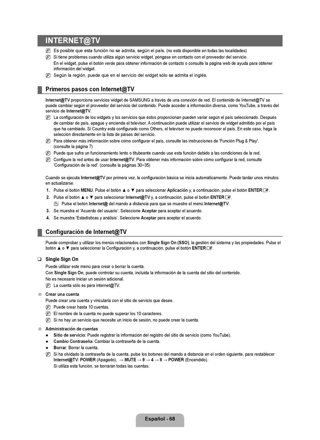 Samsung 71000 Primeros pasos con Internet@TV, Configuración de Internet@TV, Crear una cuenta, Administración de cuentas 