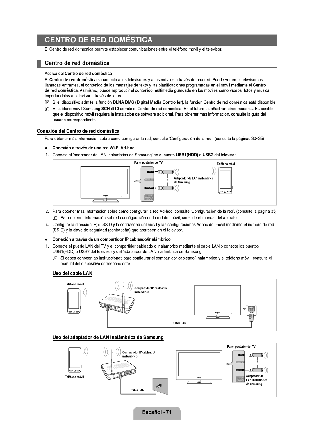 Samsung 71000 Conexión del Centro de red doméstica, Uso del cable LAN, Uso del adaptador de LAN inalámbrica de Samsung 