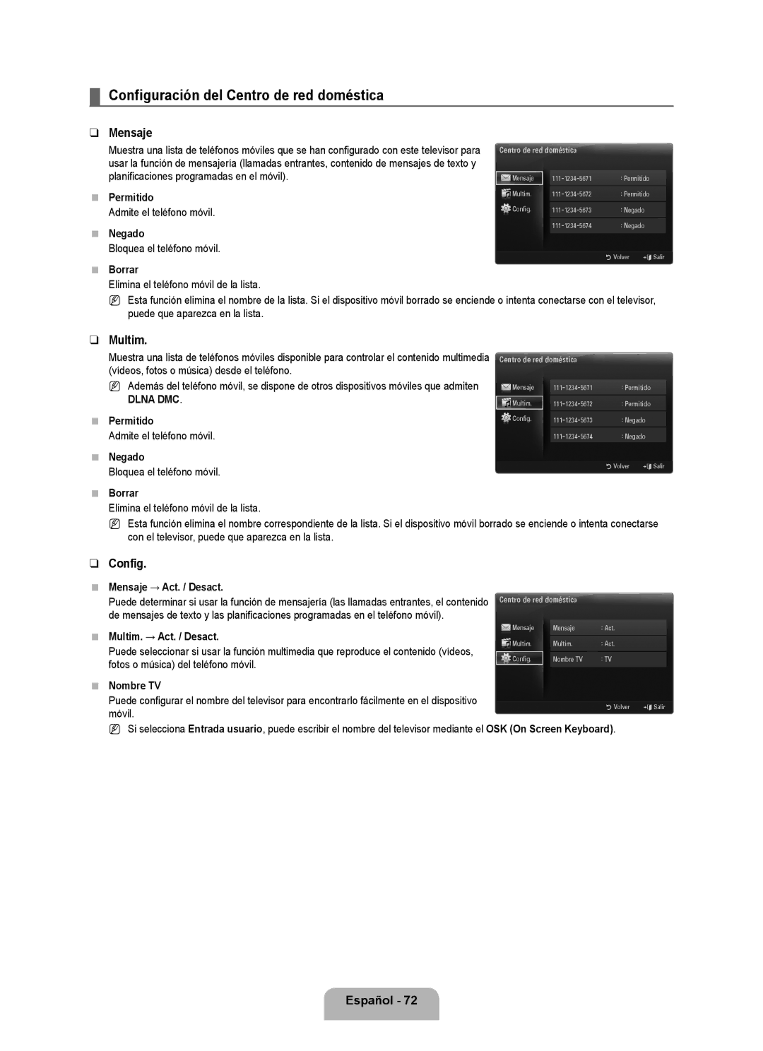 Samsung 71000 user manual Configuración del Centro de red doméstica, Mensaje, Multim 