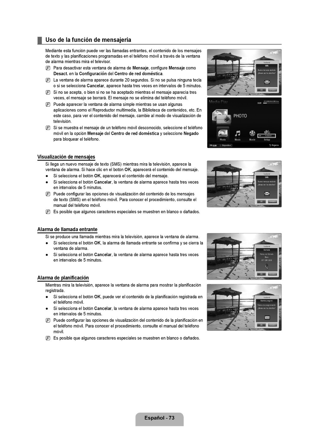 Samsung 71000 user manual Uso de la función de mensajería, Visualización de mensajes, Alarma de llamada entrante 