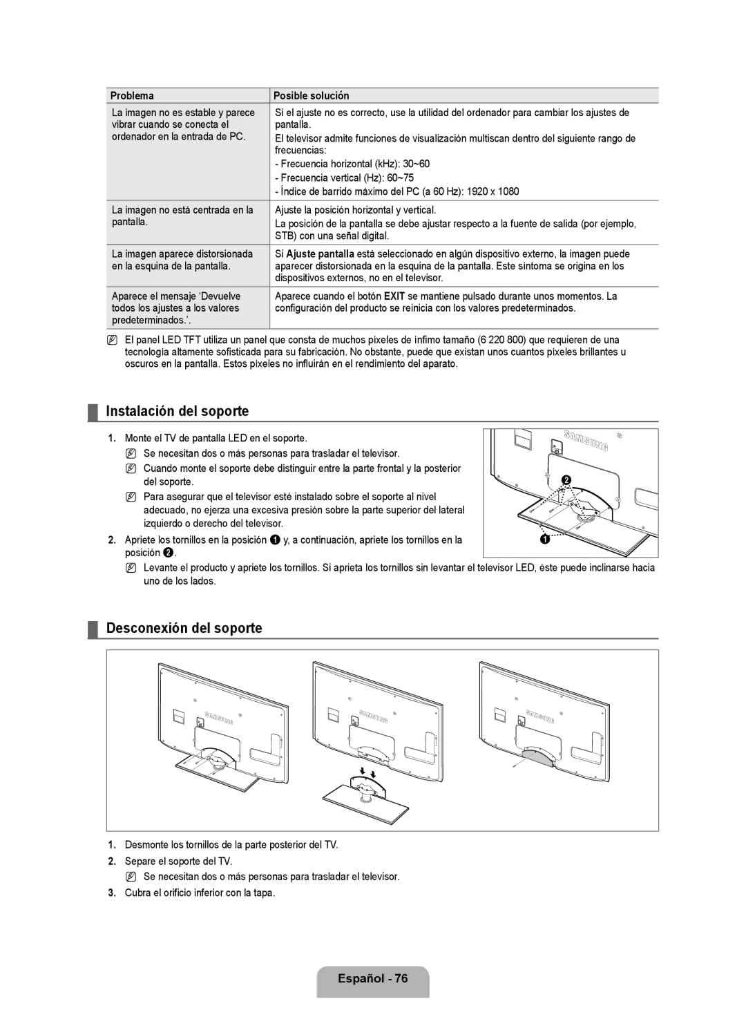 Samsung 71000 user manual Instalación del soporte, Desconexión del soporte, Español 7, Problema 