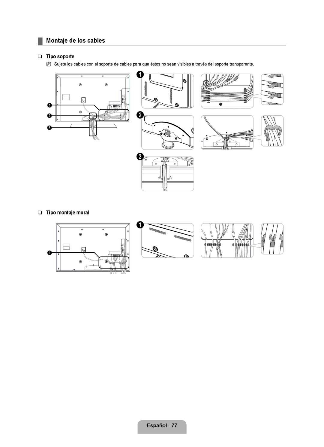 Samsung 71000 user manual Montaje de los cables, Tipo soporte, Tipo montaje mural Español 