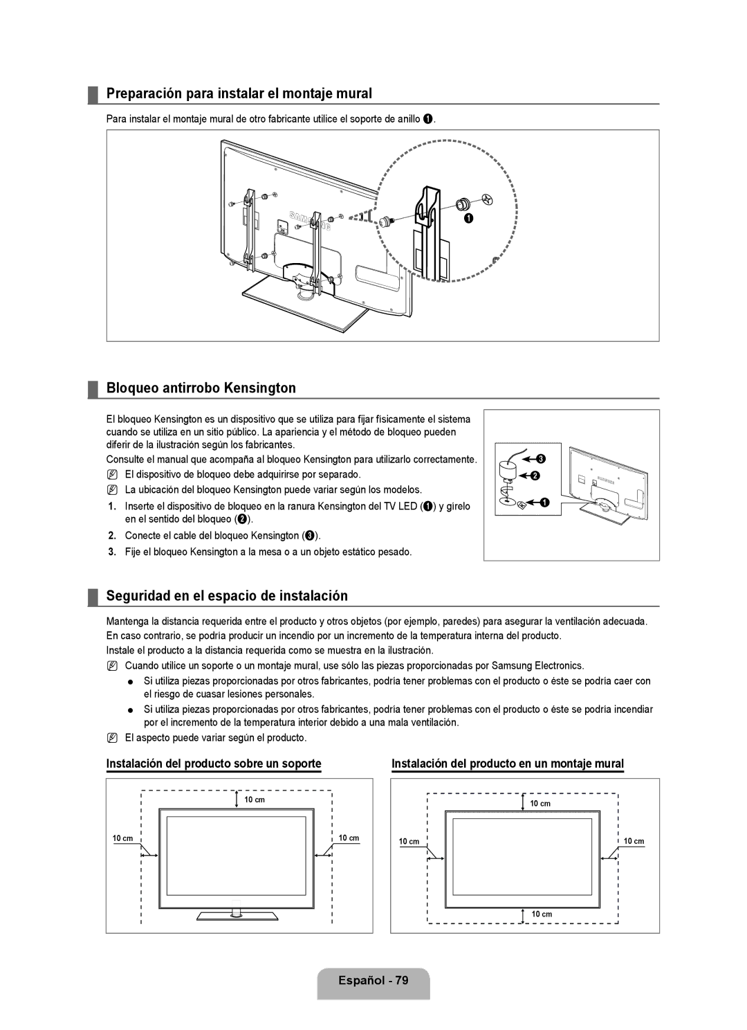 Samsung 71000 user manual Preparación para instalar el montaje mural, Bloqueo antirrobo Kensington 