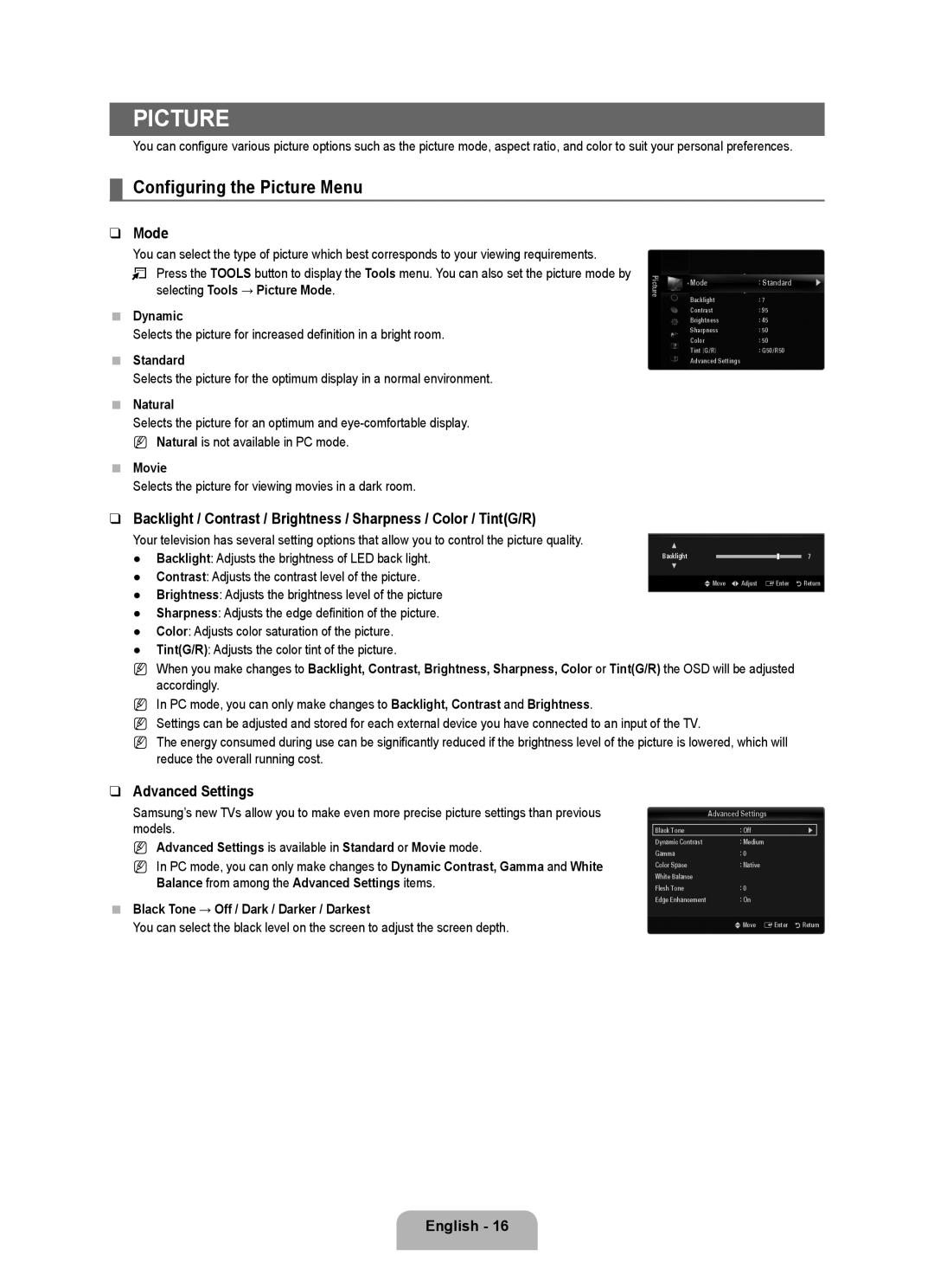 Samsung 71000 user manual Configuring the Picture Menu, Mode, Advanced Settings 