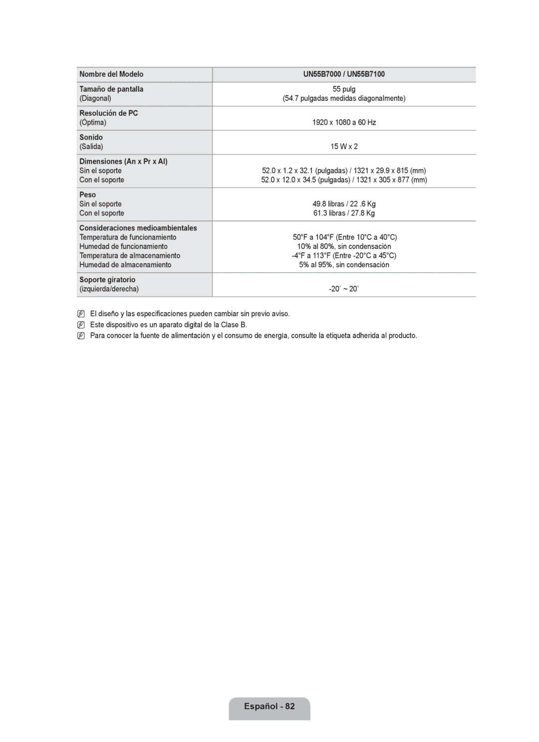 Samsung 71000 user manual Nombre del Modelo UN55B7000 / UN55B7100 Tamaño de pantalla 