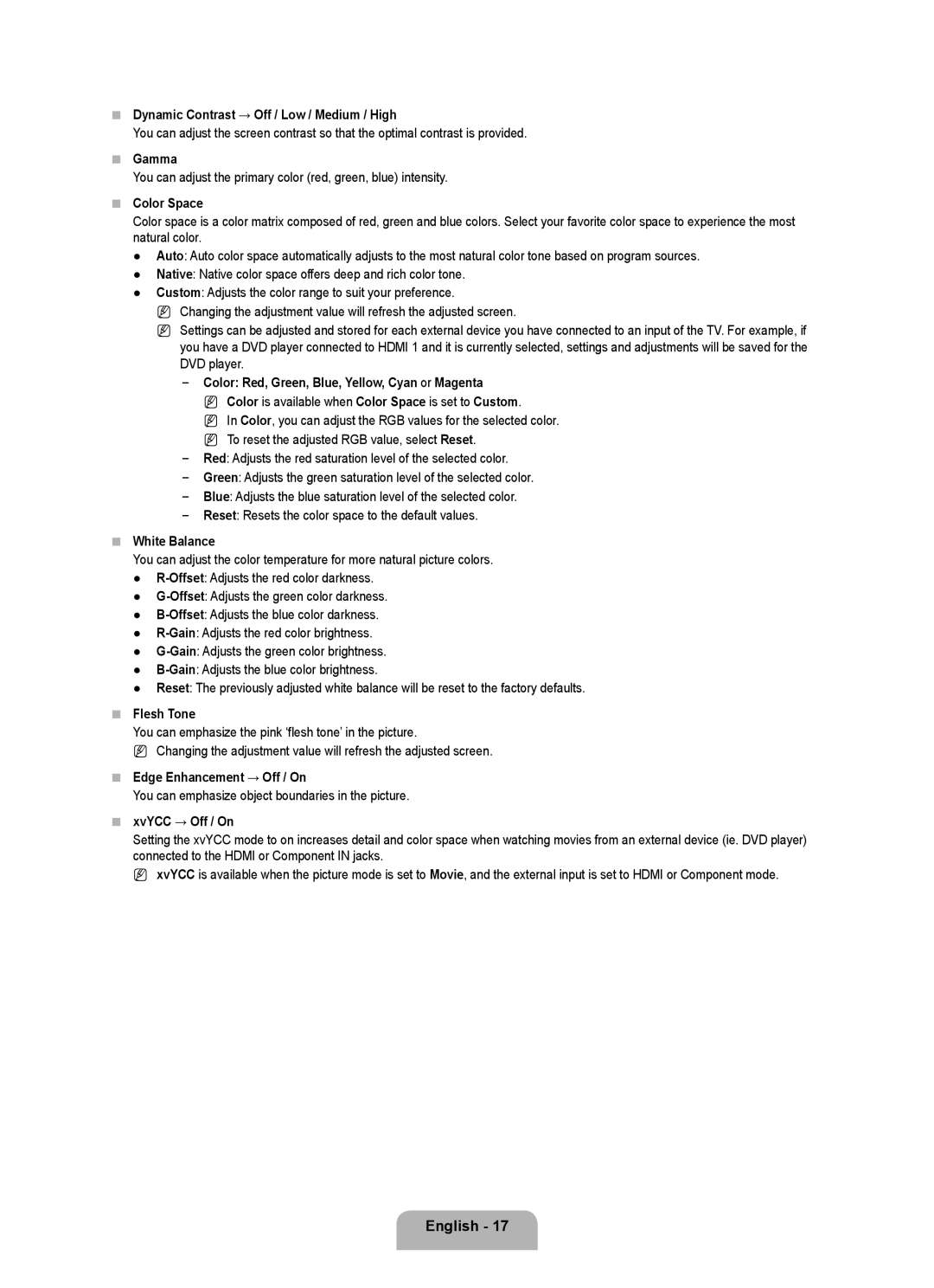 Samsung 71000 user manual Dynamic Contrast → Off / Low / Medium / High, Gamma, Color Space, White Balance, Flesh Tone 