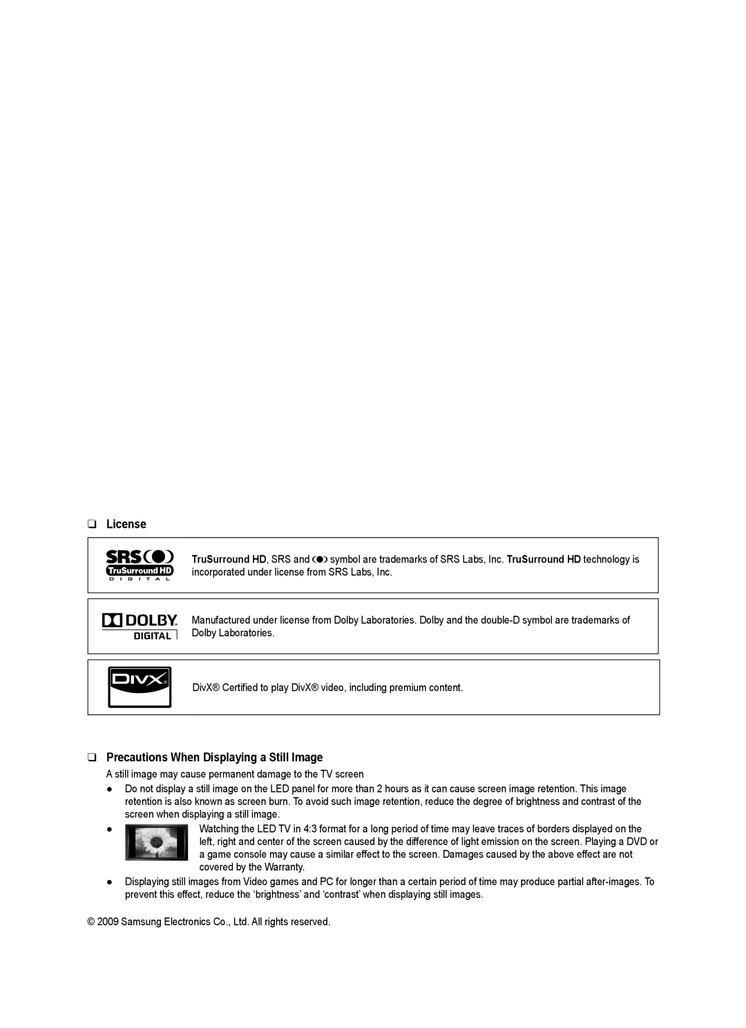 Samsung 71000 user manual License, Precautions When Displaying a Still Image 