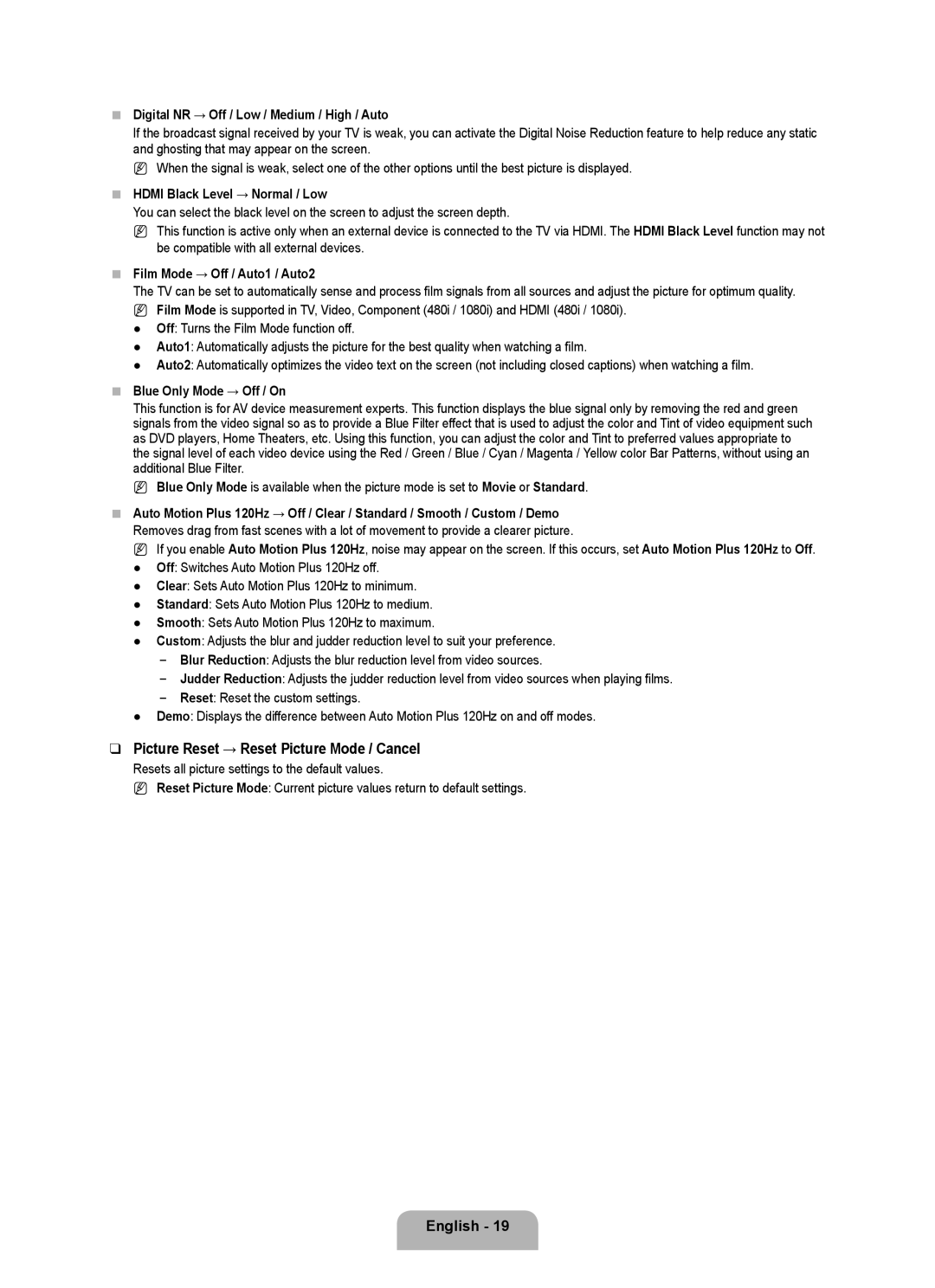 Samsung 71000 user manual Picture Reset → Reset Picture Mode / Cancel, Digital NR → Off / Low / Medium / High / Auto 