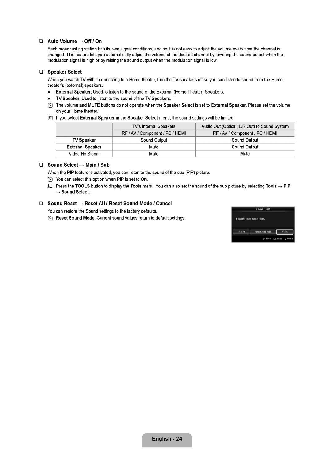 Samsung 71000 user manual Auto Volume → Off / On, Speaker Select, Sound Select → Main / Sub, → Sound Select 