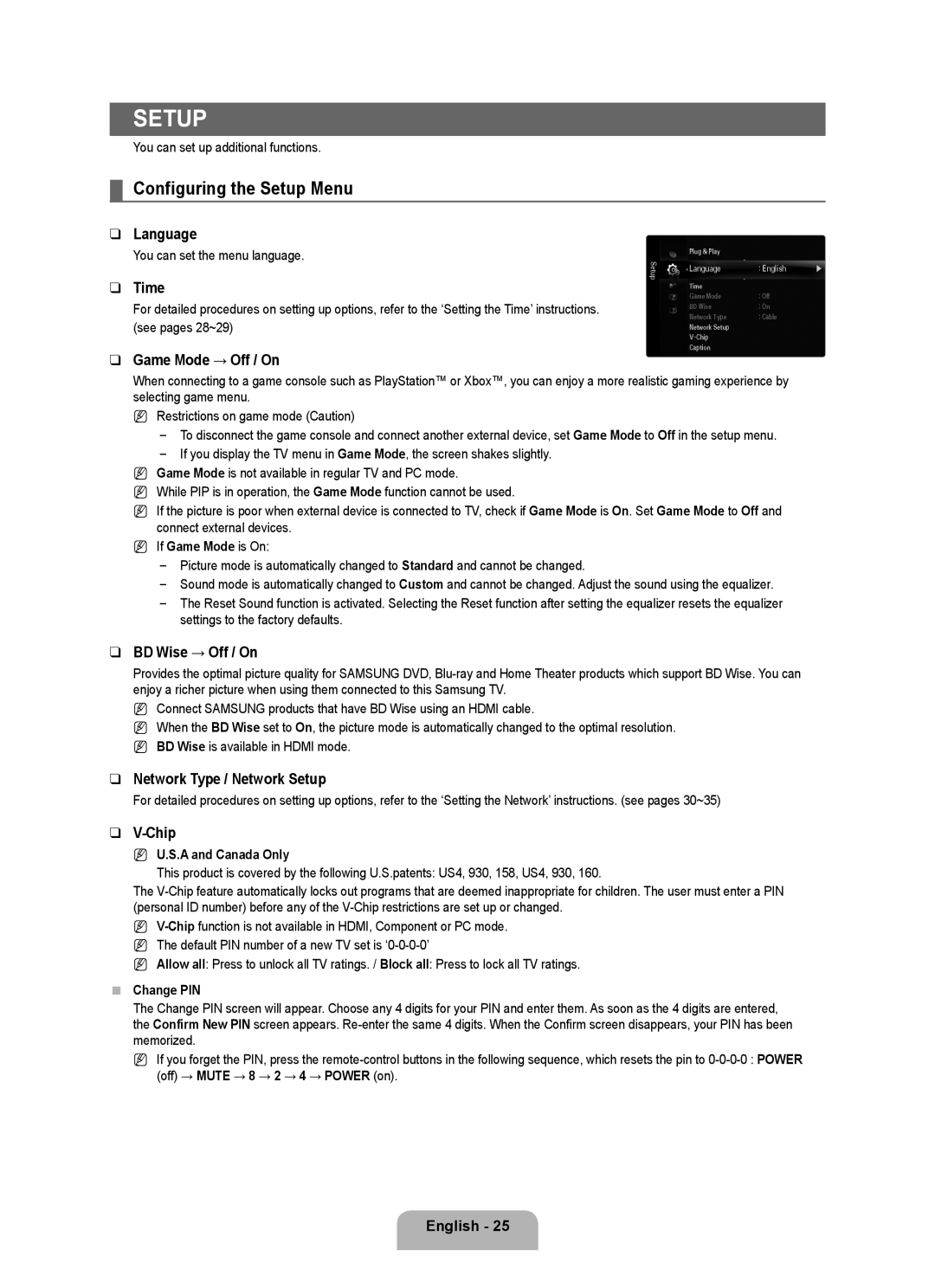 Samsung 71000 user manual Configuring the Setup Menu 