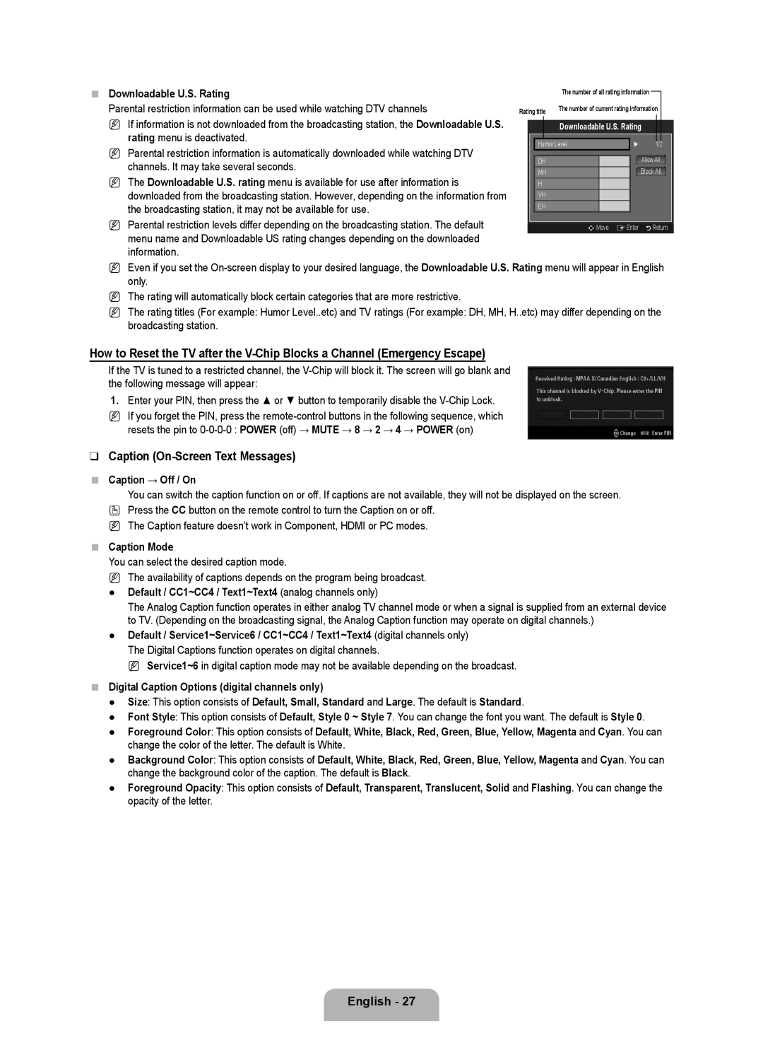 Samsung 71000 user manual Caption On-Screen Text Messages 