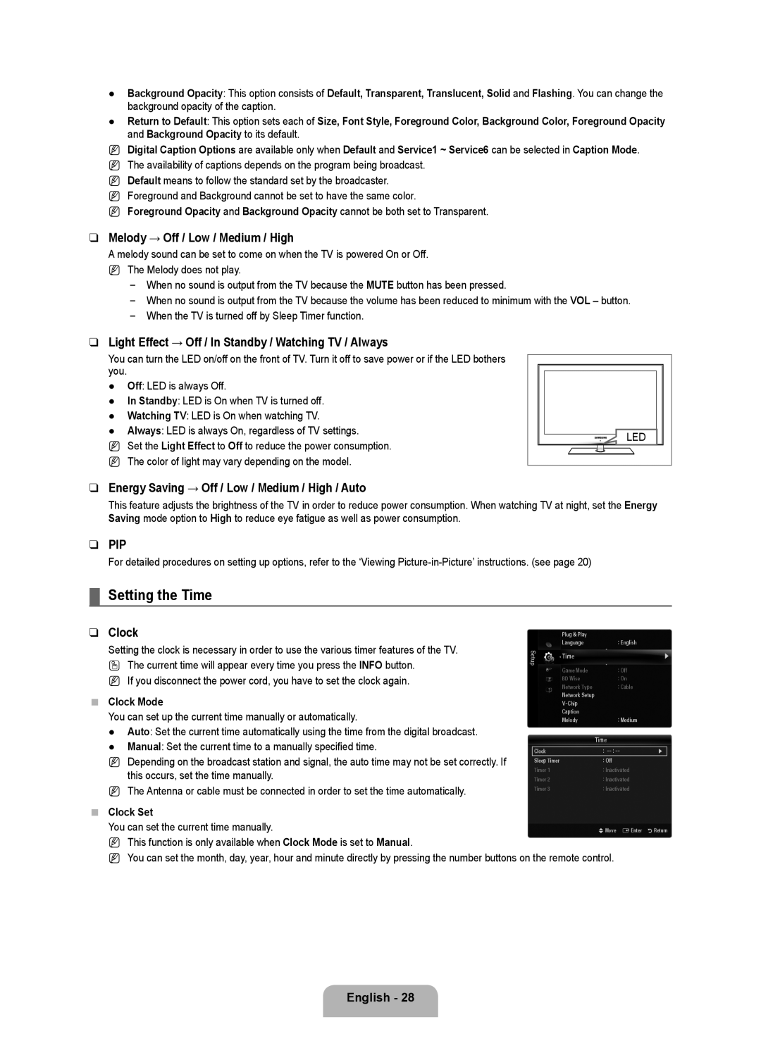 Samsung 71000 Setting the Time, Melody → Off / Low / Medium / High, Light Effect → Off / In Standby / Watching TV / Always 