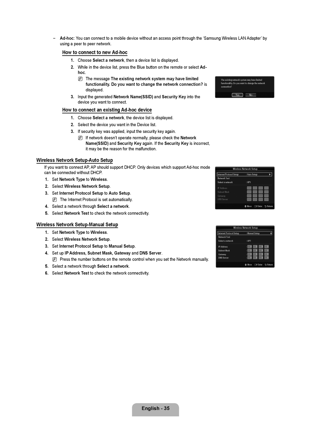 Samsung 71000 How to connect to new Ad-hoc, How to connect an existing Ad-hoc device, Wireless Network Setup-Auto Setup 