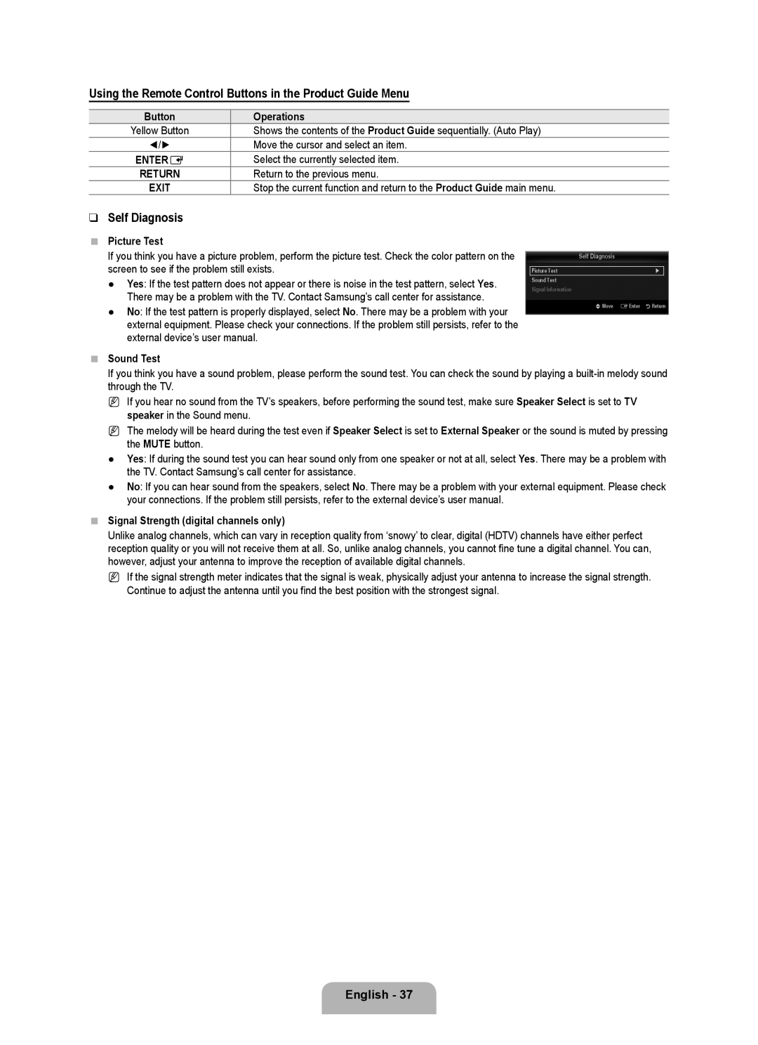 Samsung 71000 user manual Using the Remote Control Buttons in the Product Guide Menu, Self Diagnosis 