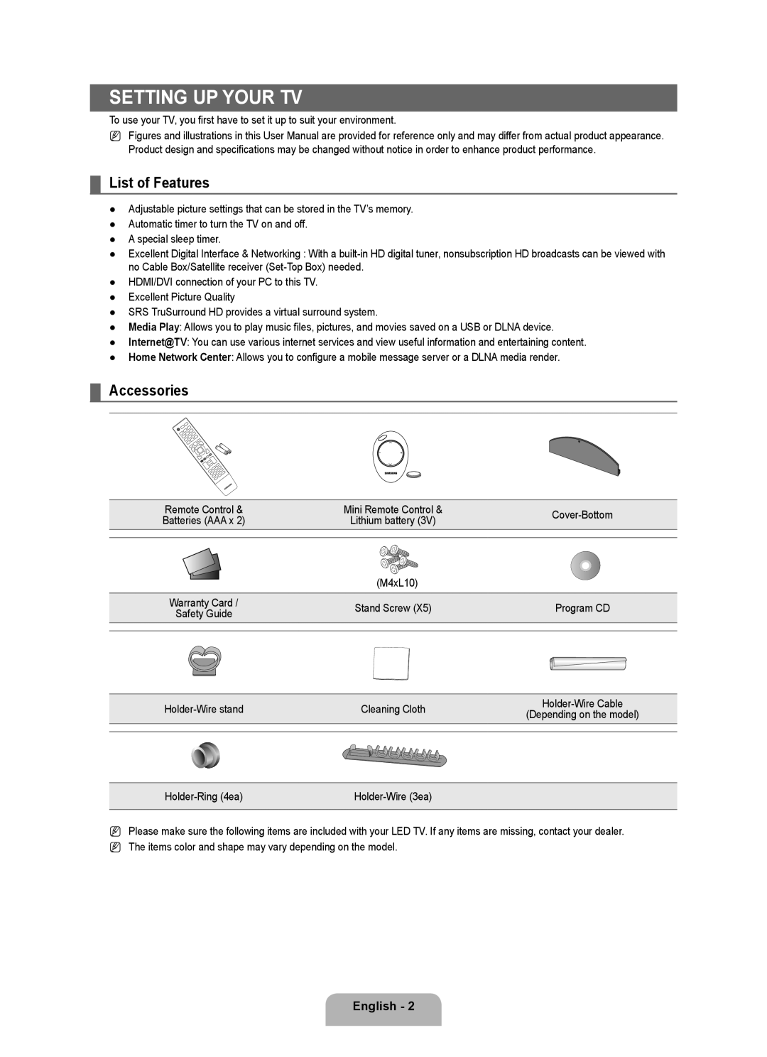 Samsung 71000 user manual List of Features, Accessories, M4xL10, Holder-Wire stand Cleaning Cloth 