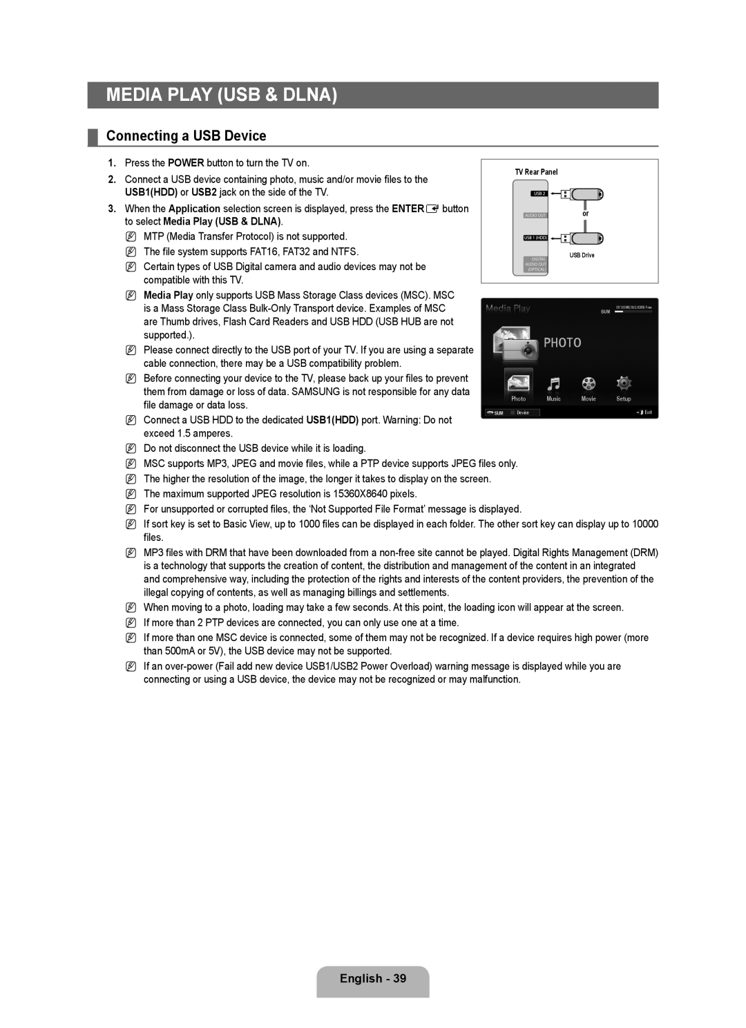 Samsung 71000 Connecting a USB Device, USB1HDD or USB2 jack on the side of the TV, To select Media Play USB & Dlna 