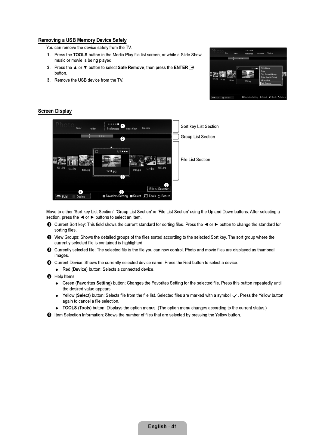 Samsung 71000 user manual Removing a USB Memory Device Safely, Screen Display, Sort key List Section Group List Section 