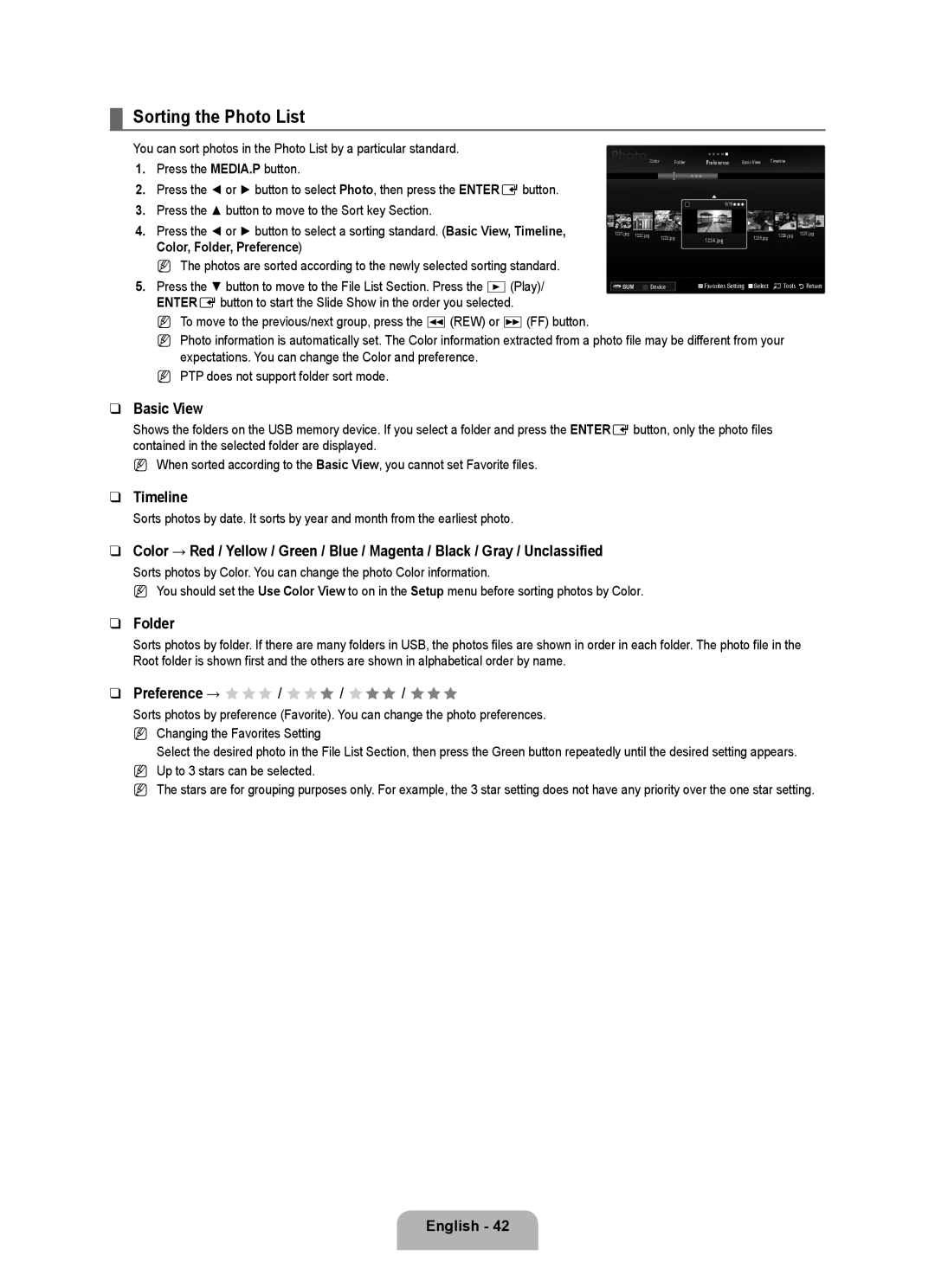 Samsung 71000 user manual Sorting the Photo List, Basic View, Timeline, Folder, Preference → FFF / FFF / FFF / FFF 