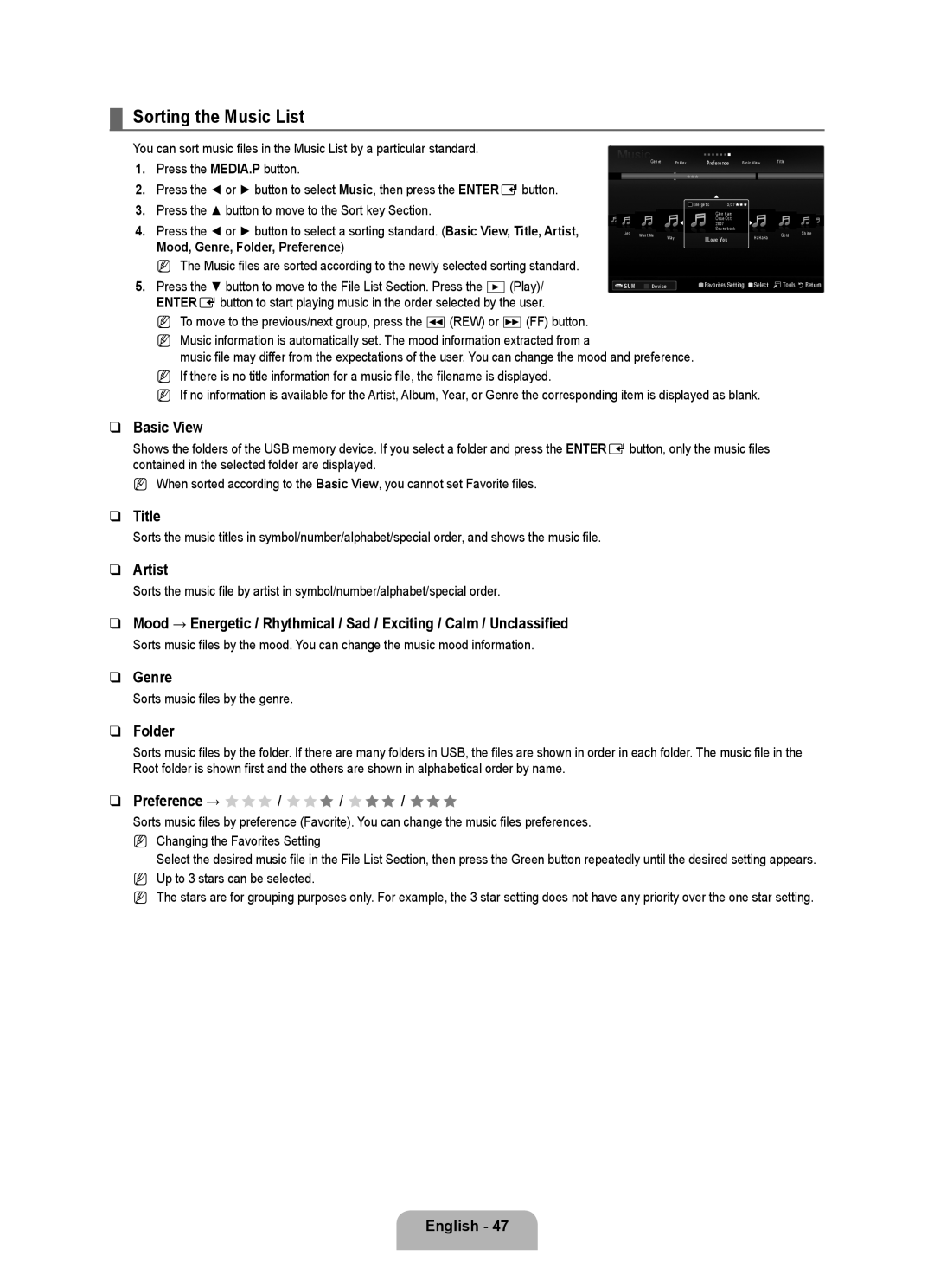 Samsung 71000 user manual Sorting the Music List, Title, Artist, Genre, Sorts music files by the genre 