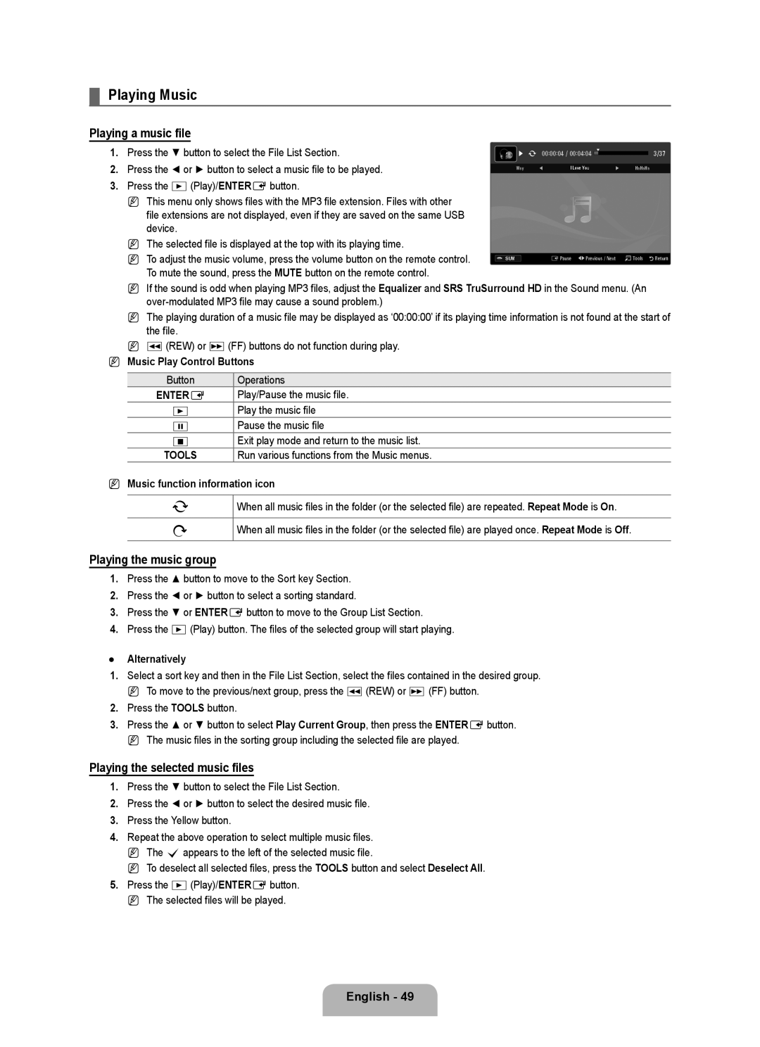 Samsung 71000 user manual Playing Music, Playing a music file, Playing the music group, Playing the selected music files 