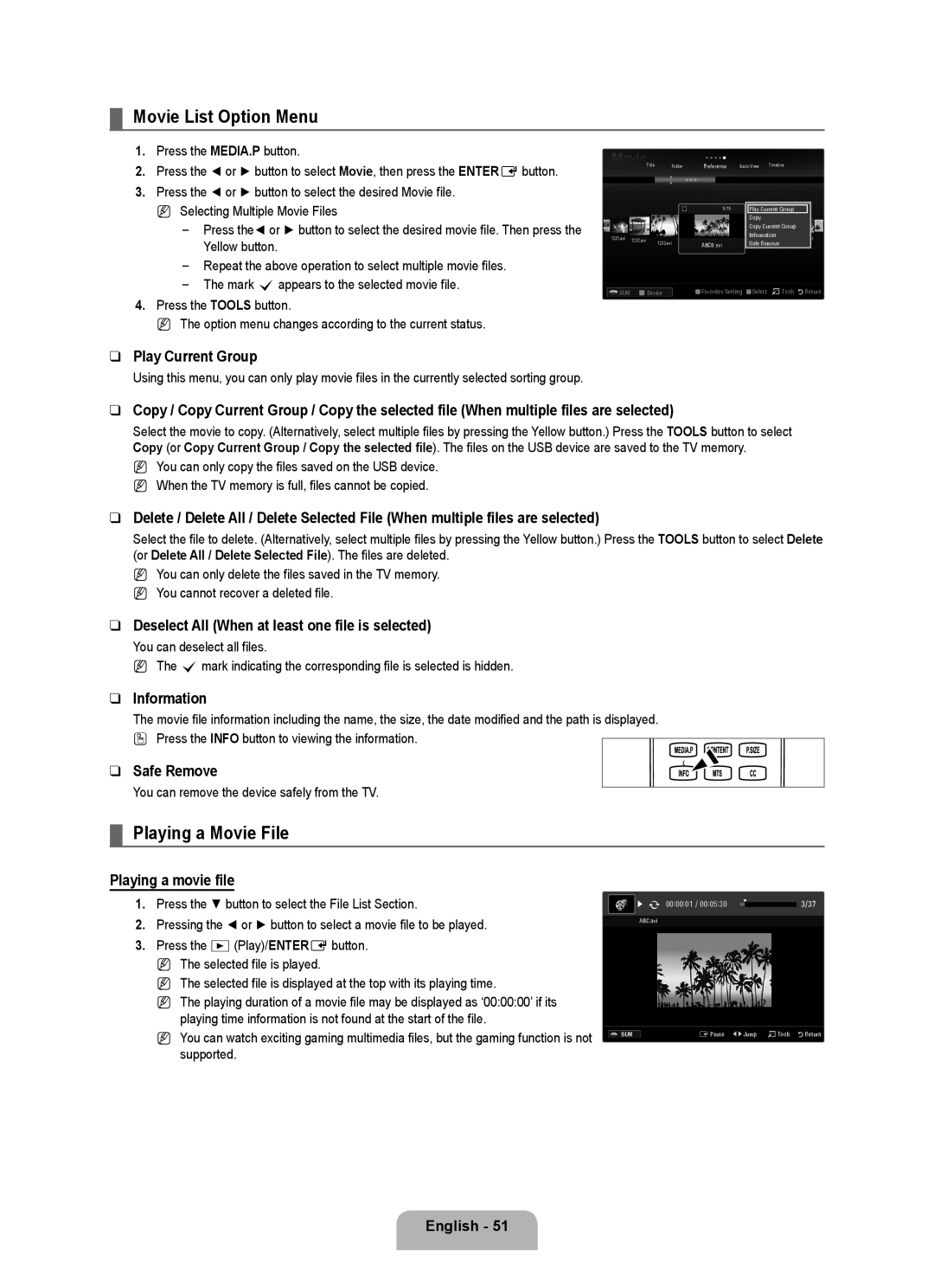 Samsung 71000 user manual Movie List Option Menu, Playing a Movie File, Playing a movie file 