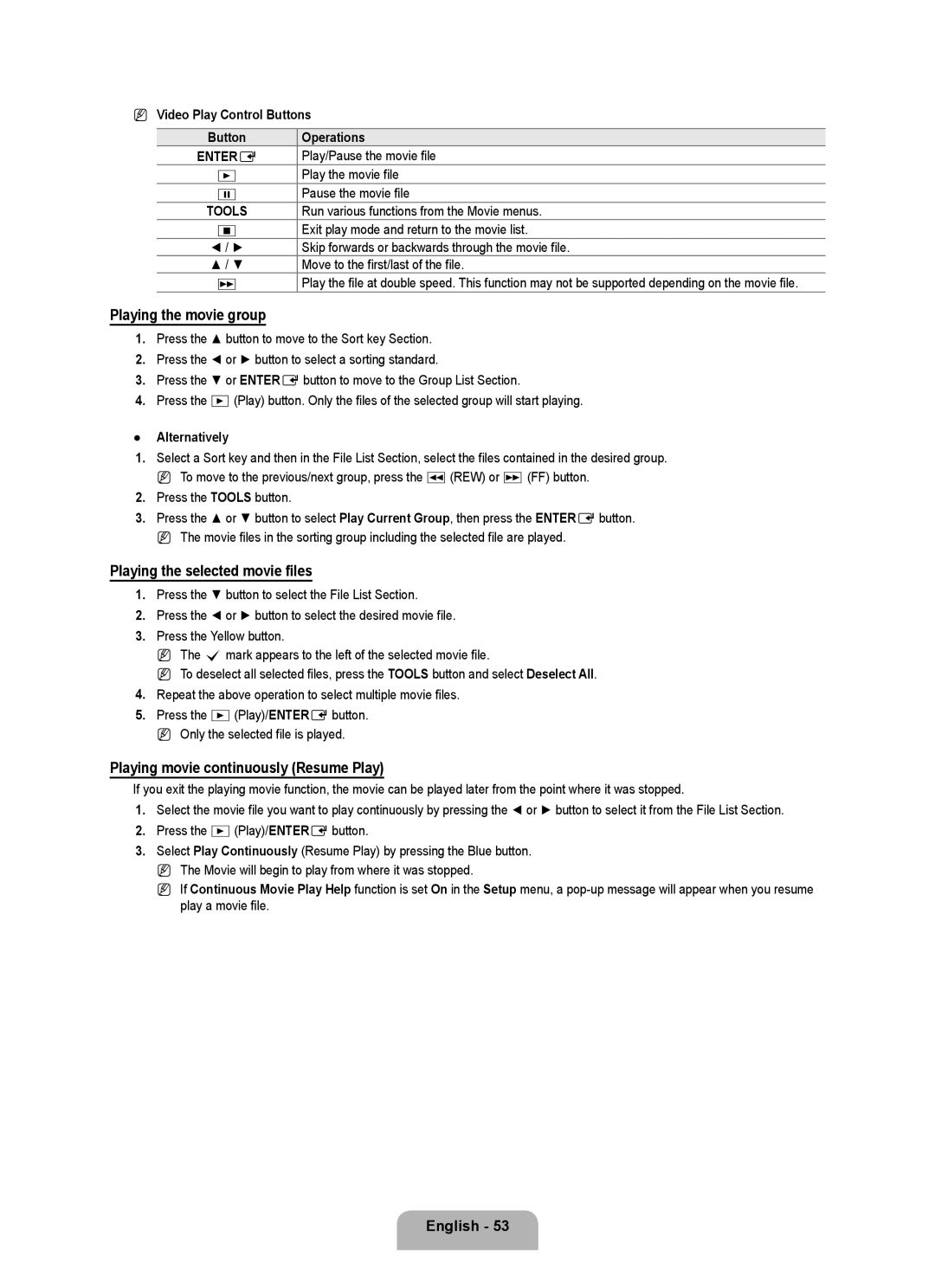 Samsung 71000 user manual Playing the movie group, Playing the selected movie files, Playing movie continuously Resume Play 