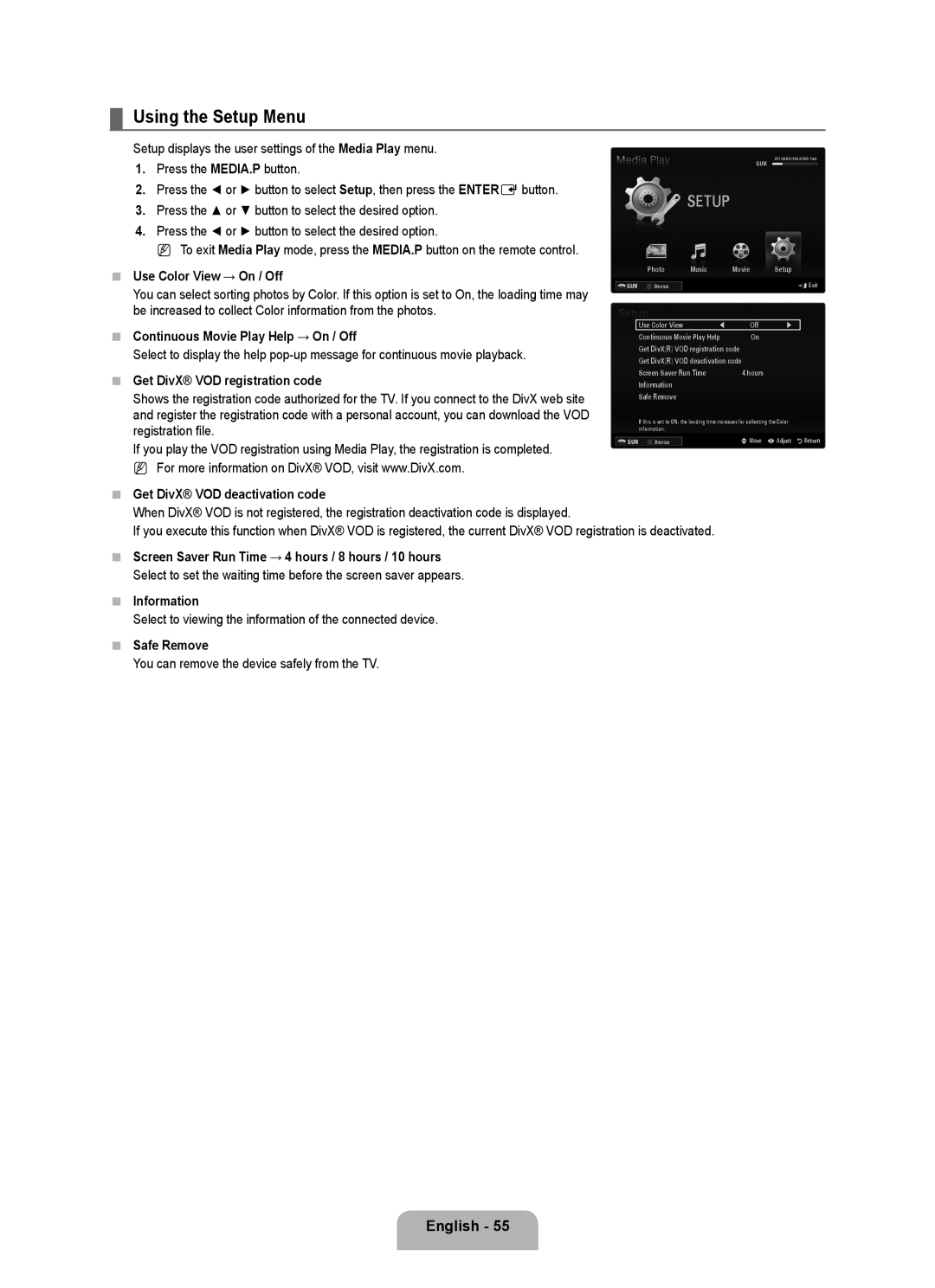 Samsung 71000 user manual Using the Setup Menu 