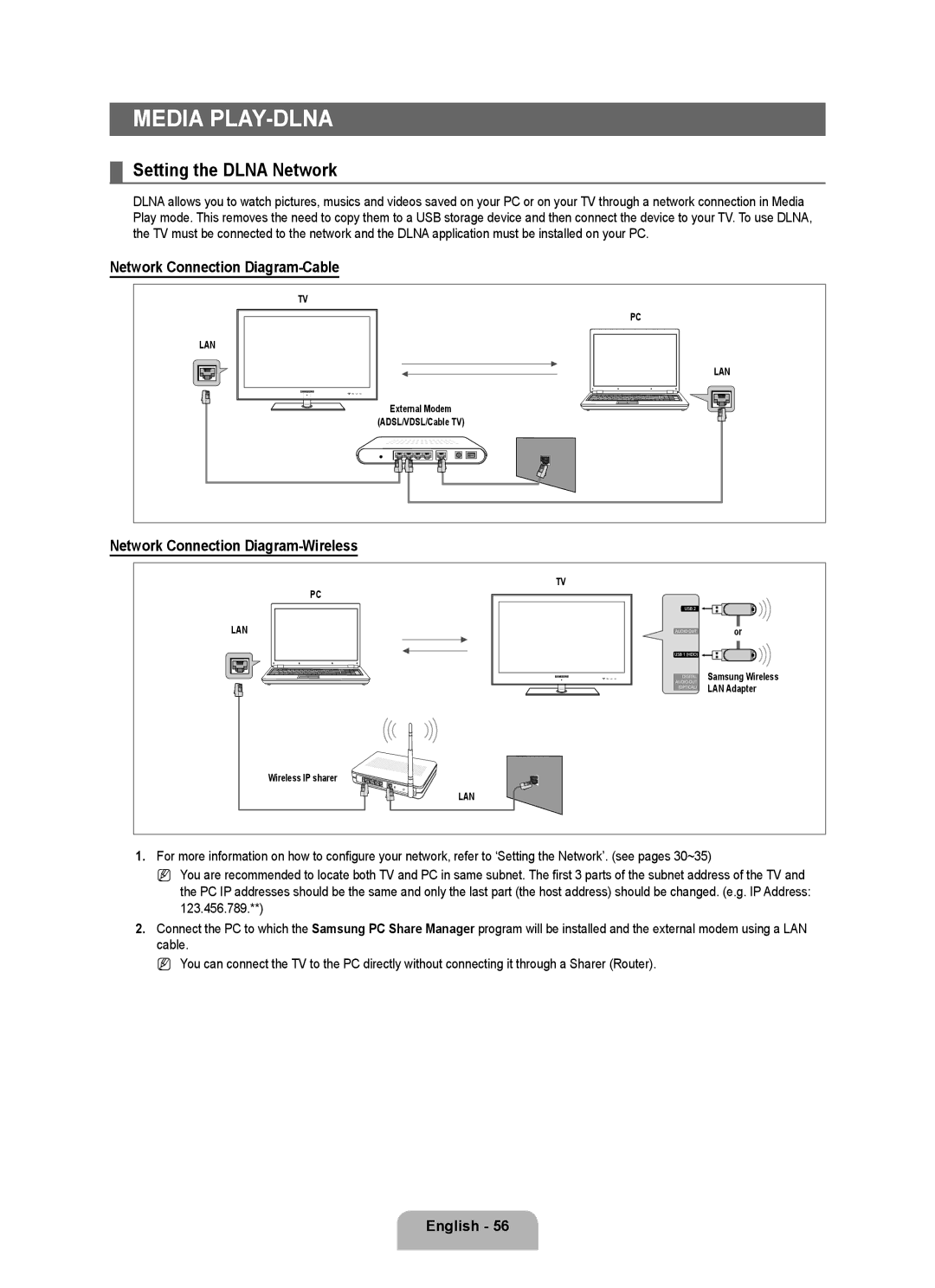 Samsung 71000 user manual Setting the Dlna Network, Network Connection Diagram-Cable, Network Connection Diagram-Wireless 