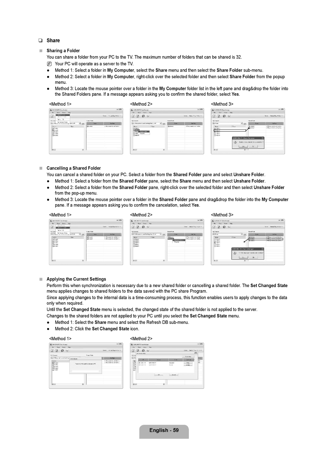 Samsung 71000 user manual Sharing a Folder, Method, Cancelling a Shared Folder, Applying the Current Settings 