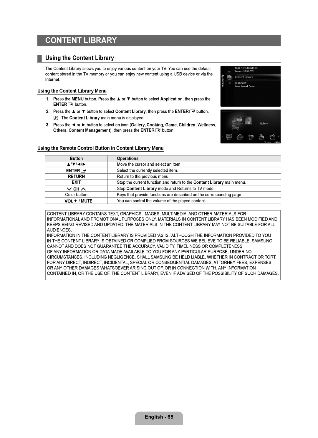 Samsung 71000 Using the Content Library Menu, Using the Remote Control Button in Content Library Menu, Mute 