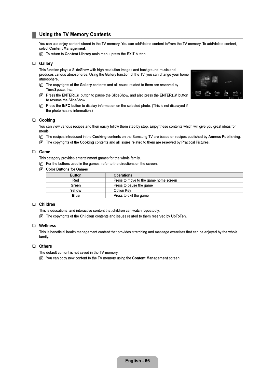 Samsung 71000 user manual Using the TV Memory Contents 