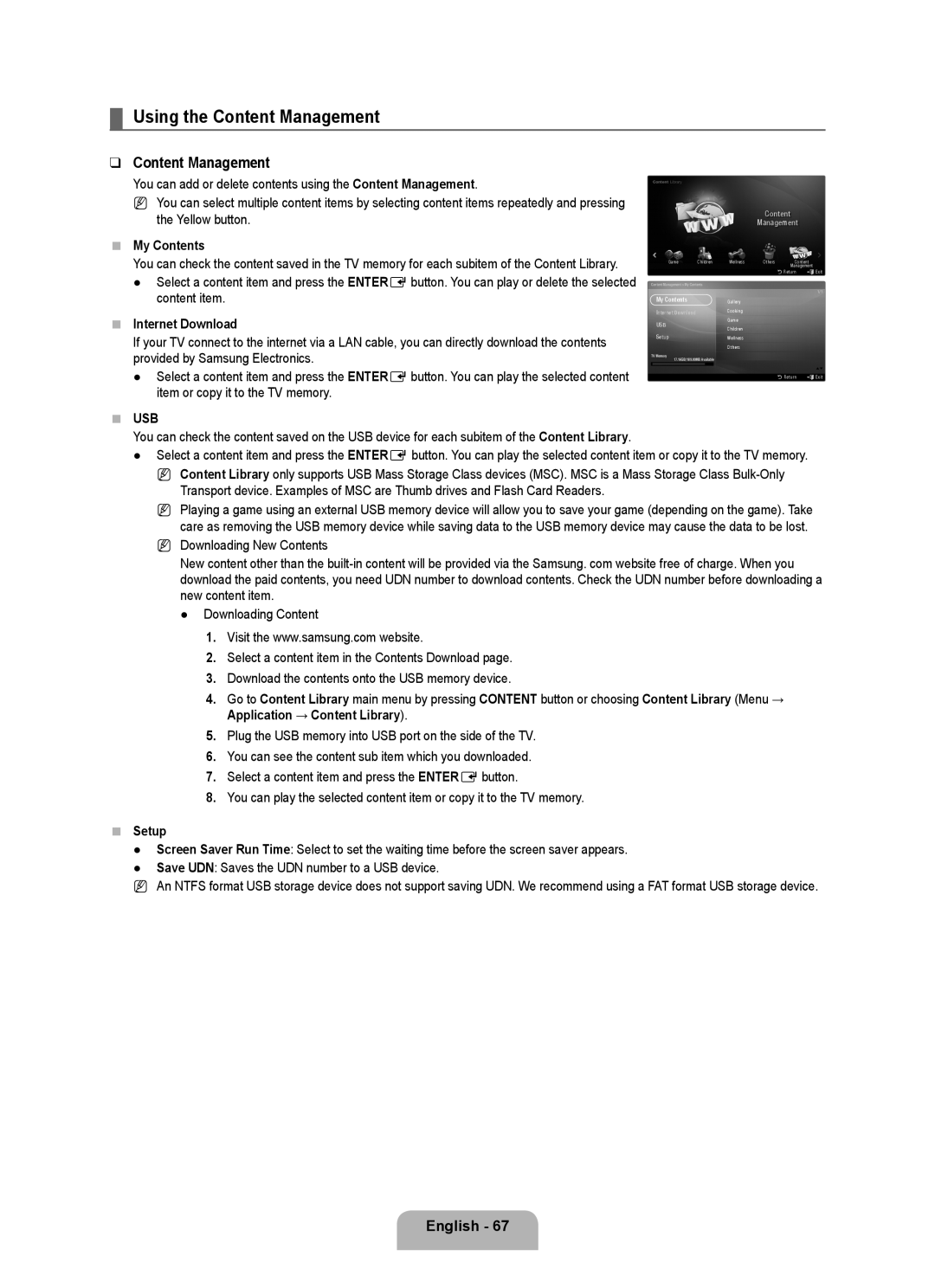 Samsung 71000 user manual Using the Content Management, English 7, My Contents, Setup 