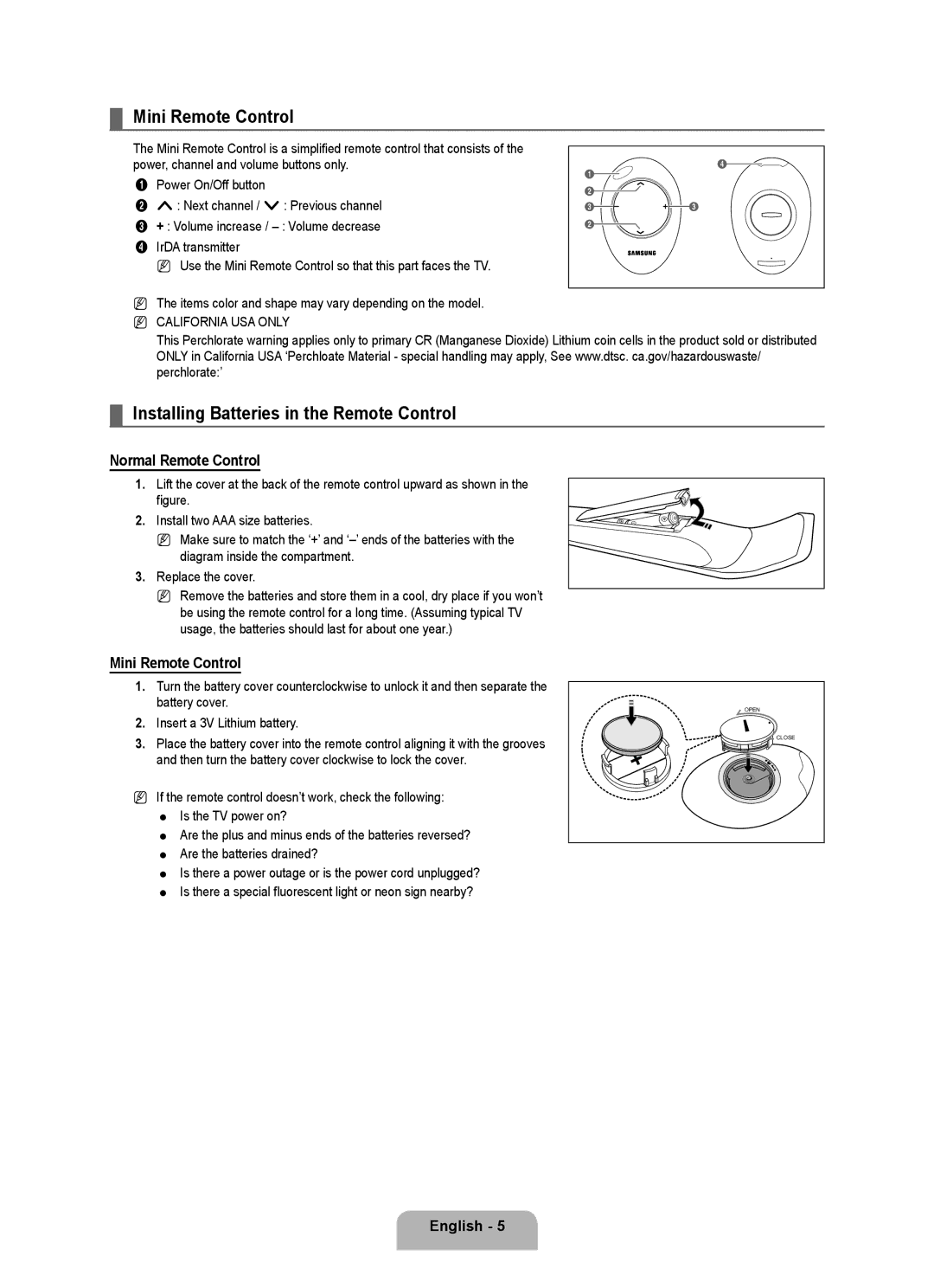 Samsung 71000 user manual Mini Remote Control, Installing Batteries in the Remote Control, Normal Remote Control 