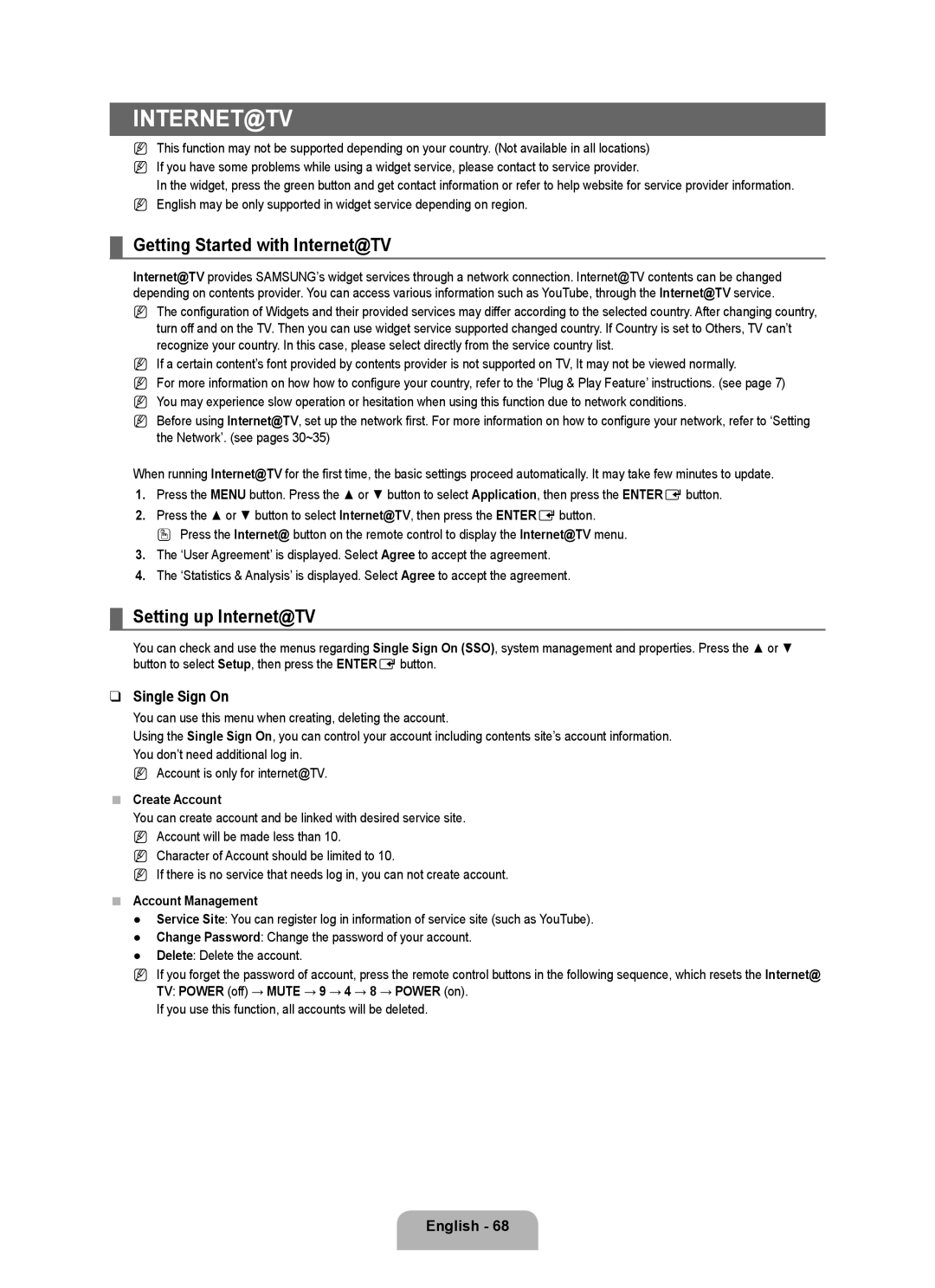 Samsung 71000 Getting Started with Internet@TV, Setting up Internet@TV, Single Sign On, Create Account, Account Management 