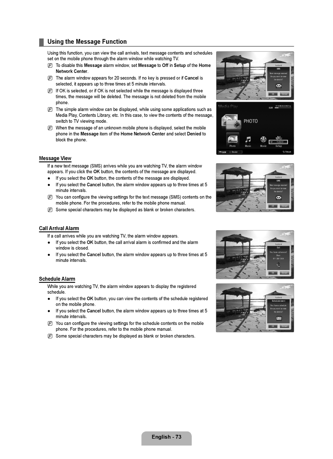 Samsung 71000 Using the Message Function, Message View, Call Arrival Alarm, Schedule Alarm, Switch to TV viewing mode 