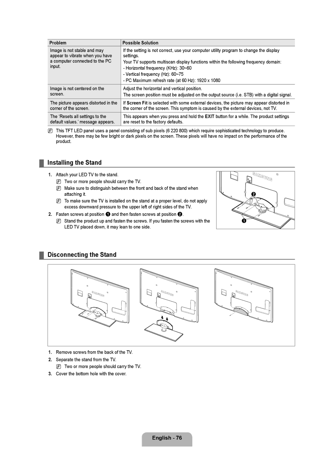 Samsung 71000 user manual Installing the Stand, Disconnecting the Stand, English 7, Problem, Attaching it 