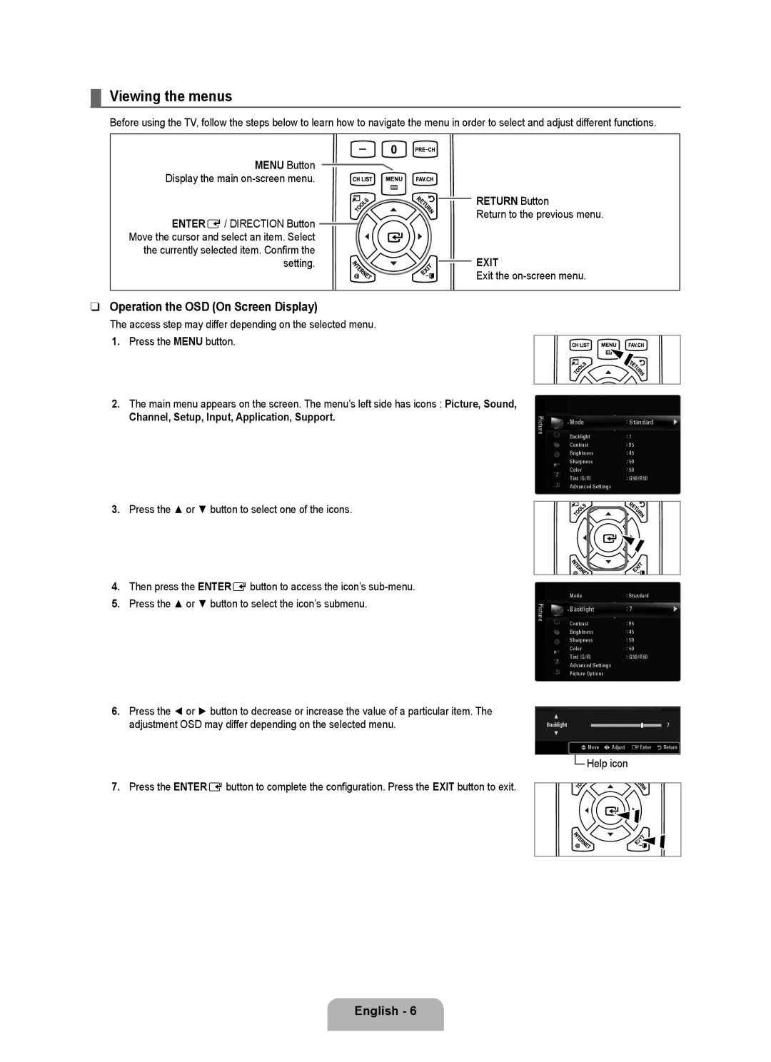 Samsung 71000 user manual Viewing the menus, Operation the OSD On Screen Display, Return Button 