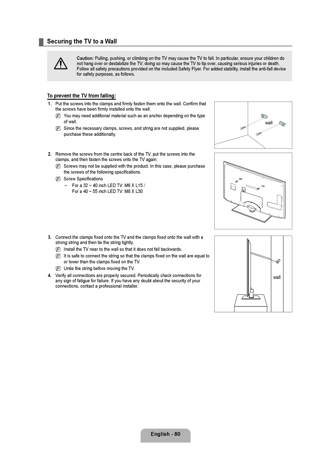 Samsung 71000 user manual Securing the TV to a Wall, To prevent the TV from falling 