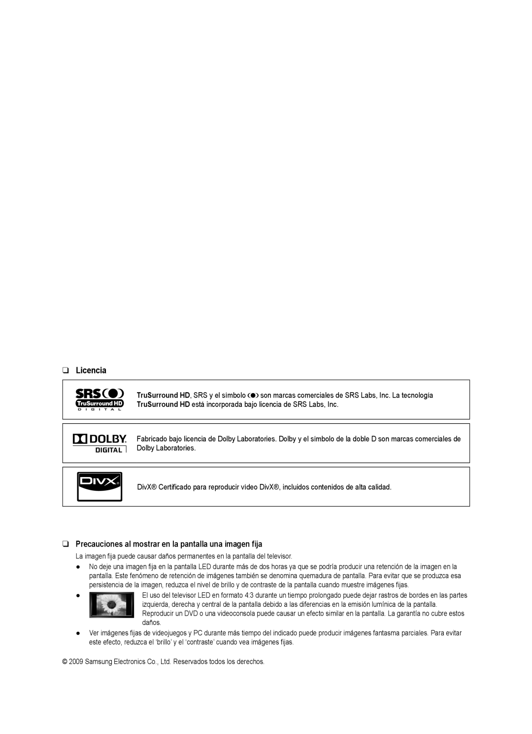 Samsung 71000 user manual Licencia, Precauciones al mostrar en la pantalla una imagen fija 