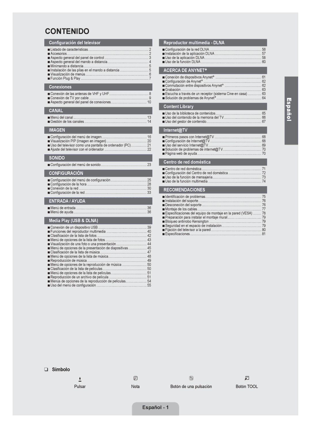 Samsung 71000 user manual Símbolo, Español , Pulsar 