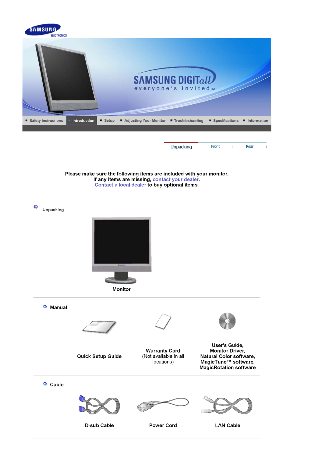 Samsung 710NT manual Natural Color software, MagicRotation software, Cable Sub Cable Power Cord LAN Cable 