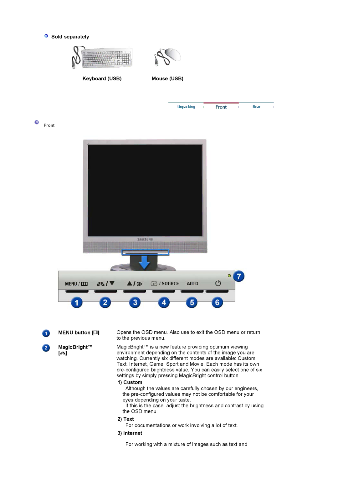 Samsung 710NT manual Sold separately Keyboard USB Mouse USB, Menu button, MagicBright, Custom, Text, Internet 