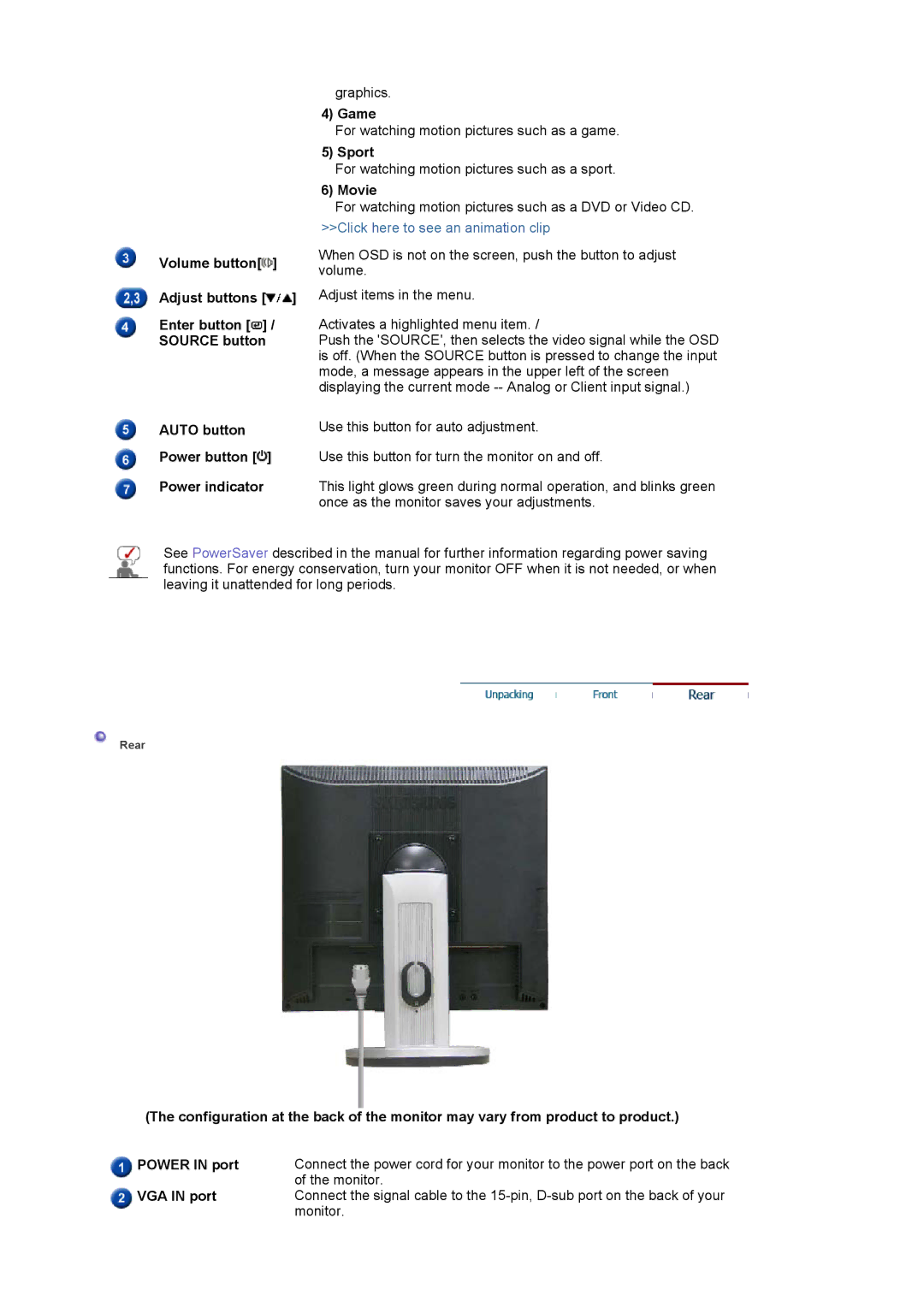 Samsung 710NT manual Game, Sport, Movie, Volume button, Adjust buttons Adjust items in the menu, VGA in port 