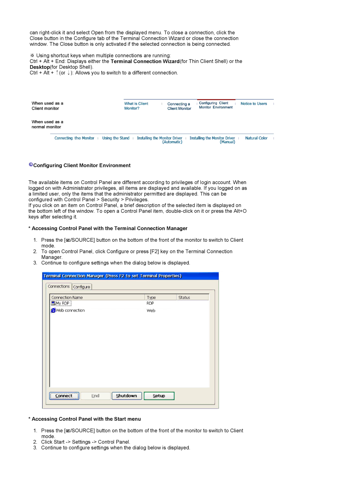 Samsung 710NT manual Configuring Client Monitor Environment, Accessing Control Panel with the Start menu 