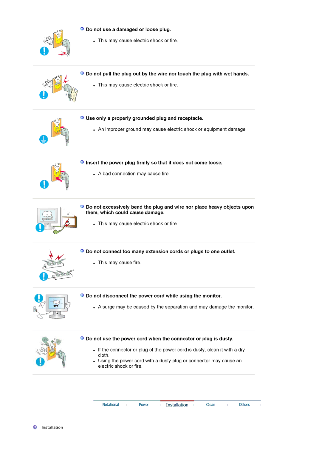 Samsung 710NT manual Do not use a damaged or loose plug, Use only a properly grounded plug and receptacle 